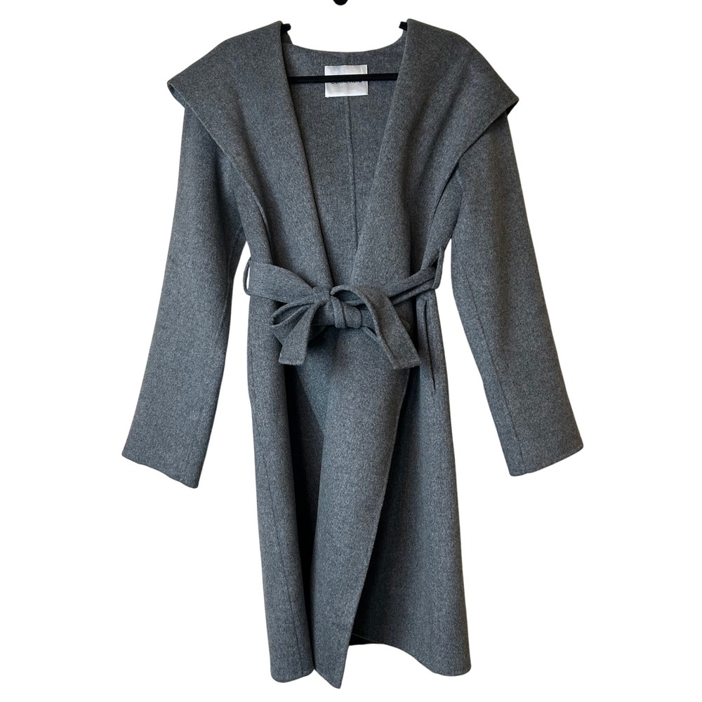 Gentle Herd Hooded Wrap Coat 100% Wool Belted Long Grey L Quiet Luxury Capsule